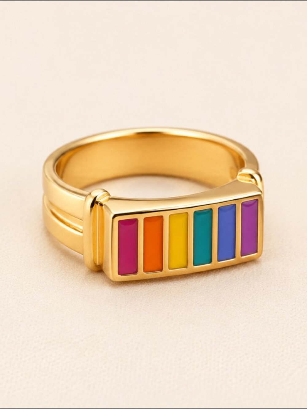 Rainbow Bar Ring | 24K Gold Plated Bronze Ring | Colorful Minimal Statement Ring